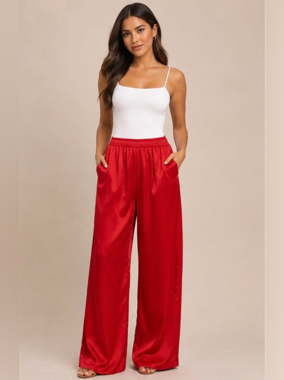 NWT Nordstrom Rack Red Satin Wide Leg Pants XL Pockets Pull-On Lounge Chic